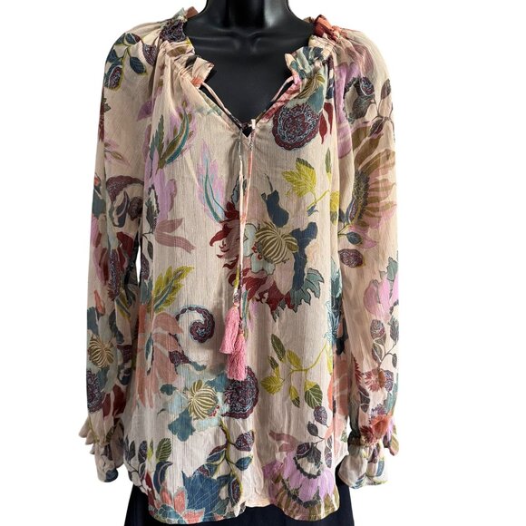 Soft Surroundings Floral Tunic Top M Metallic Threads Ruffles Tassels - Picture 1 of 9
